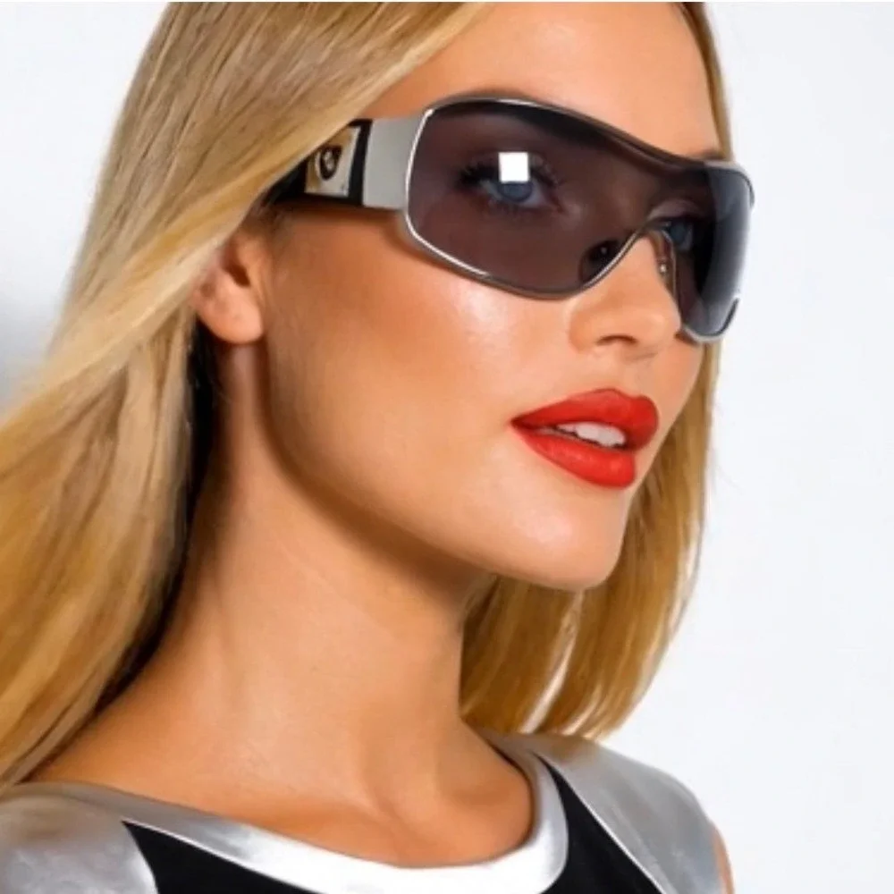 Silver‎ Shield Sunglasses Black Wrap Around UV400 Women Futuristic, Gorpcore New
